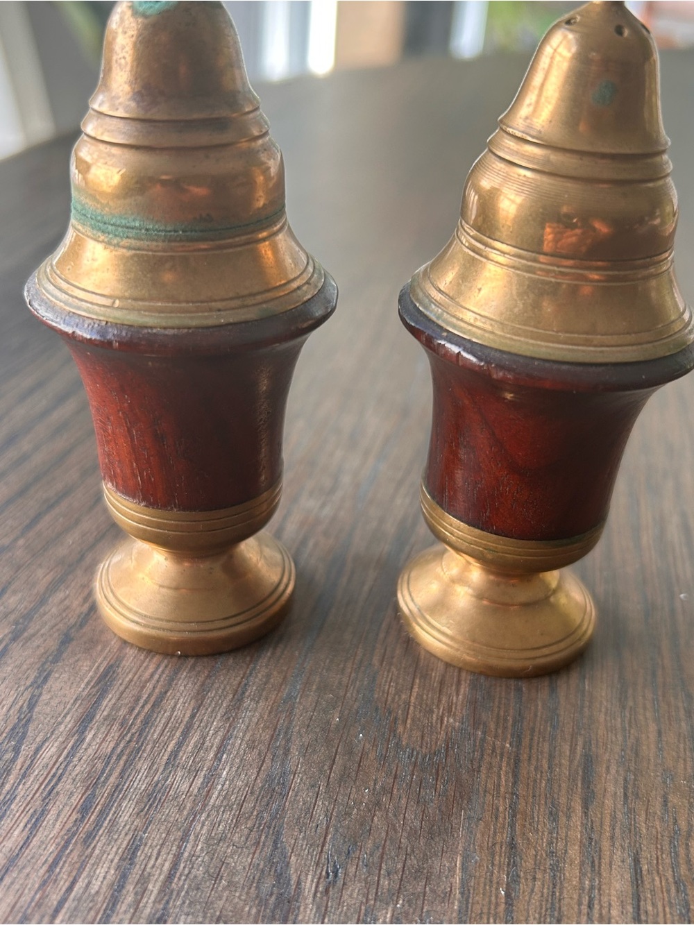 Vintage MCM Brass and Wood Decorative Shakers - Brown and Gold